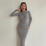 Autumn And Winter Women's Fashion Round Neck Long Sleeve Slim Fit Solid Color Chic Bodycon Dress