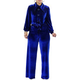 Women's Solid Color Velvet Belt Button Up Two Piece Pants Set