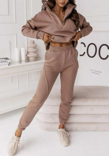 Women's Solid Color Stand Collar Zipper Jacket Long Pants Two-Piece Set