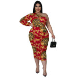 Plus Size Women's Sexy Hollow One Shoulder Long Sleeve Printed Dress