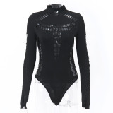 Spring Hollow Ripped Turtle Neck Slim Fit Bodysuit For Women