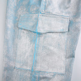 High-Waist Style Straight-Leg Patchwork Multi-Pocket Heavy-Duty Trendy Denim Trousers Strapless Vest Set