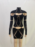 Women Solid Studded High Neck Patchwork Ripped Long Sleeve Sexy Mini Dress