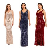 Women Sleeveless V-neck Sequined Mesh Patchwork Sexy Backless Dress