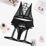 Women Striped Mesh Sexy Cross Lace-Up Sexy Lingerie Set