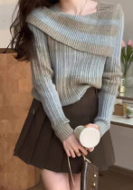 Women Contrast Off Shoulder Knitting Long Sleeve Sweater