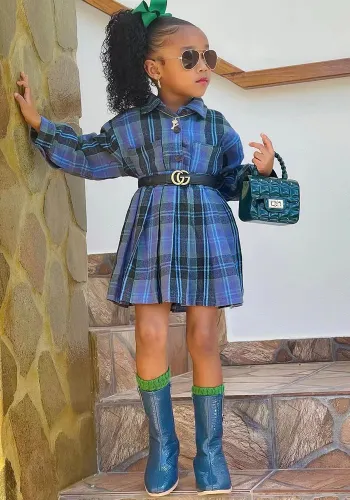 Girls long sleeve plaid shirt pleated skirt