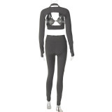 Women Winter Solid Sports Long Sleeve Shawl Top and Trousers Three-Piece