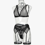 Women Striped Mesh Sexy Cross Lace-Up Sexy Lingerie Set