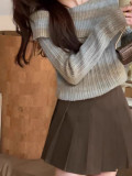 Women Contrast Off Shoulder Knitting Long Sleeve Sweater