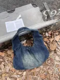 Women vintage washed denim single shoulder horn large bag