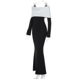 Women Autumn and Winter Contrast Color Off Shoulder Off Shoulder Long Sleeve Maxi Dress