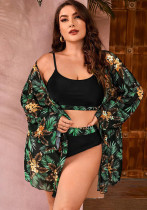 Plus Size Women Printed Mesh Beach Swimwear Three-Piece