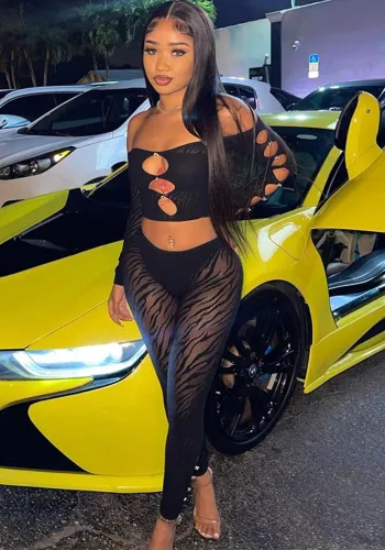 Women Solid Strapless Long Sleeve Diamond Top and Sexy See-Through Pants Two-piece Set