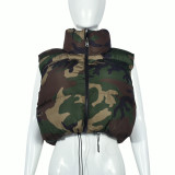 Women Autumn Camouflage Sleeveless Drawstring Style Trendy Padded Vest