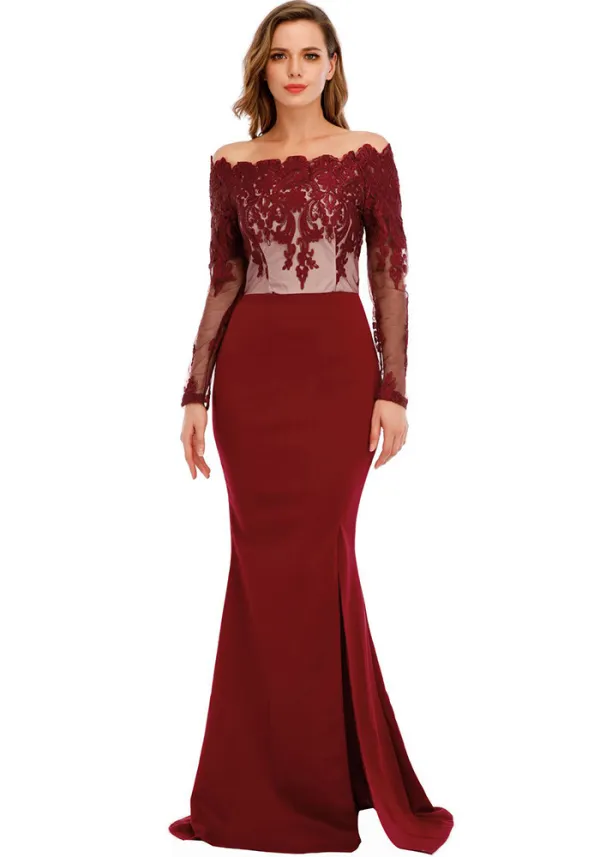 Women Long Sleeve Off Shoulder Mesh Slit Sexy Dress
