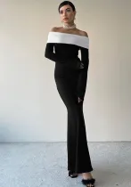 Women Autumn and Winter Contrast Color Off Shoulder Off Shoulder Long Sleeve Maxi Dress