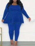 Plus Size Women Round Neck Pleated Loose Long Sleeve Solid Top and Pant Two-piece Set