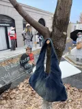 Women vintage washed denim single shoulder horn large bag