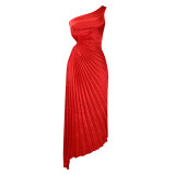 Summer Slim One Shoulder Hollow Pressed Pleated Dress Shiny African Dress