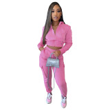Women's Fall/Winter Solid Color Casual Zipper Sports Hooded two piece pants set