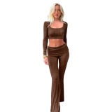 Women's Fashion Solid Color Square Neck Top Low-Waist Bell Bottom Pants Set