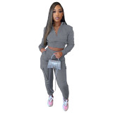 Women's Fall/Winter Solid Color Casual Zipper Sports Hooded two piece pants set