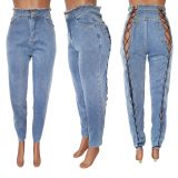 Women's Tie-Down High Waist Trousers Slim Fit Washed Stretch Denim Pants