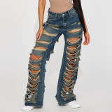 women's loose high-waisted Casual trousers street trendy Ripped Denim pants