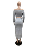 Women's Autumn and Winter Fashion Long Sleeve Off Shoulder Crop Top Drawstring Skirt Knitted two piece Set