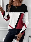 Women's Pullover Round Neck Contrast Color Patchwork Geometric Print Top Women's T-Shirt