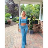 Women's Fashion Solid Color Square Neck Top Low-Waist Bell Bottom Pants Set