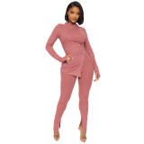 Women's Autumn and Winter Solid Color Tight Fitting Long Sleeve Top Slit Pants Casual Set