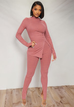 Women's Autumn and Winter Solid Color Tight Fitting Long Sleeve Top Slit Pants Casual Set