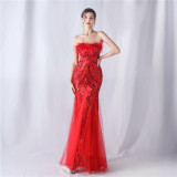 feather sequins mesh patchwork Strapless wedding party dress