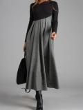 Autumn and Winter Contrast Color V-Neck Long Sleeve Patchwork Swing Dress