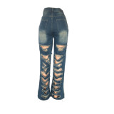 women's loose high-waisted Casual trousers street trendy Ripped Denim pants