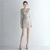 Plus Size Sequin v-neck long sleeve Formal Party Evening Dress
