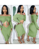Women's Autumn and Winter Fashion Long Sleeve Off Shoulder Crop Top Drawstring Skirt Knitted two piece Set