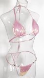 Shiny pink Halter Neck straps sexy Low Back swimsuit two piece bikini set