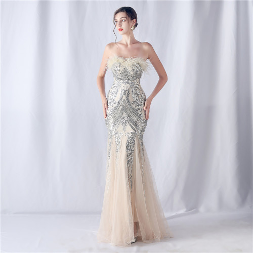 feather sequins mesh patchwork Strapless wedding party dress
