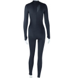 Sexy hollow solid color Round Neck long-sleeved Tight Fitting fitness Jumpsuit for women