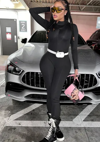 Women's Autumn and Winter Tight Fitting Solid Color Long Sleeve Hooded Jumpsuit