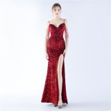 Plus Size Beauty Straps Tassels Sequin slit Long Formal Party Evening Dress