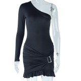 Solid Color Slash Shoulder Long Sleeve Tight Fitting Bodycon dress
