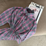 Autumn retro style Turndown Collar loose shirt plaid long-sleeved women's blouse