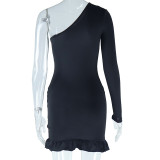 Solid Color Slash Shoulder Long Sleeve Tight Fitting Bodycon dress