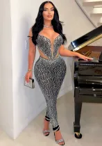 Women Beaded Stretch Suspender Bodycon Jumpsuit