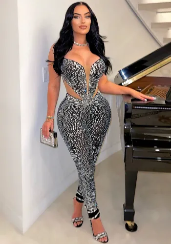 Women Beaded Stretch Suspender Bodycon Jumpsuit