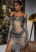 Women Fishnet Sexy Mesh Rhinestone Long Sleeve Dress